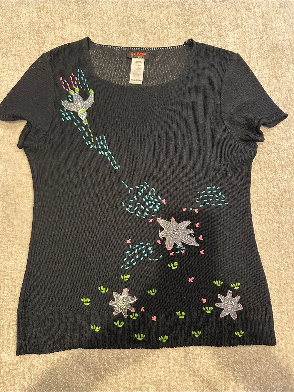 CHRISTIAN LACROIX Desigual Black Short-Sleeve Embroidered Floral & Bird Top